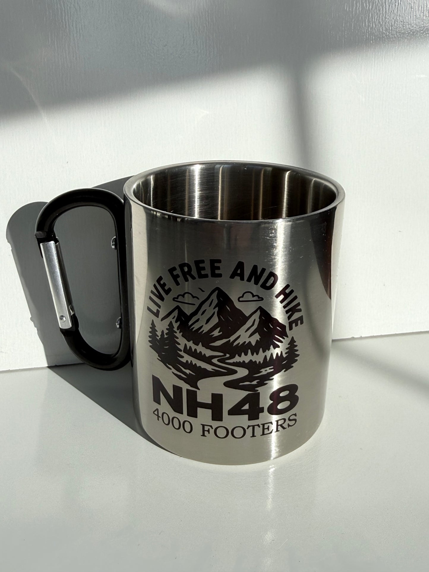 NH 48 Hiking Mug 10oz Stainless Steel Carabiner Cup – Live Free and Hike New Hampshire 4000 Footer Gift – Camping Backpacking Coffee Mug