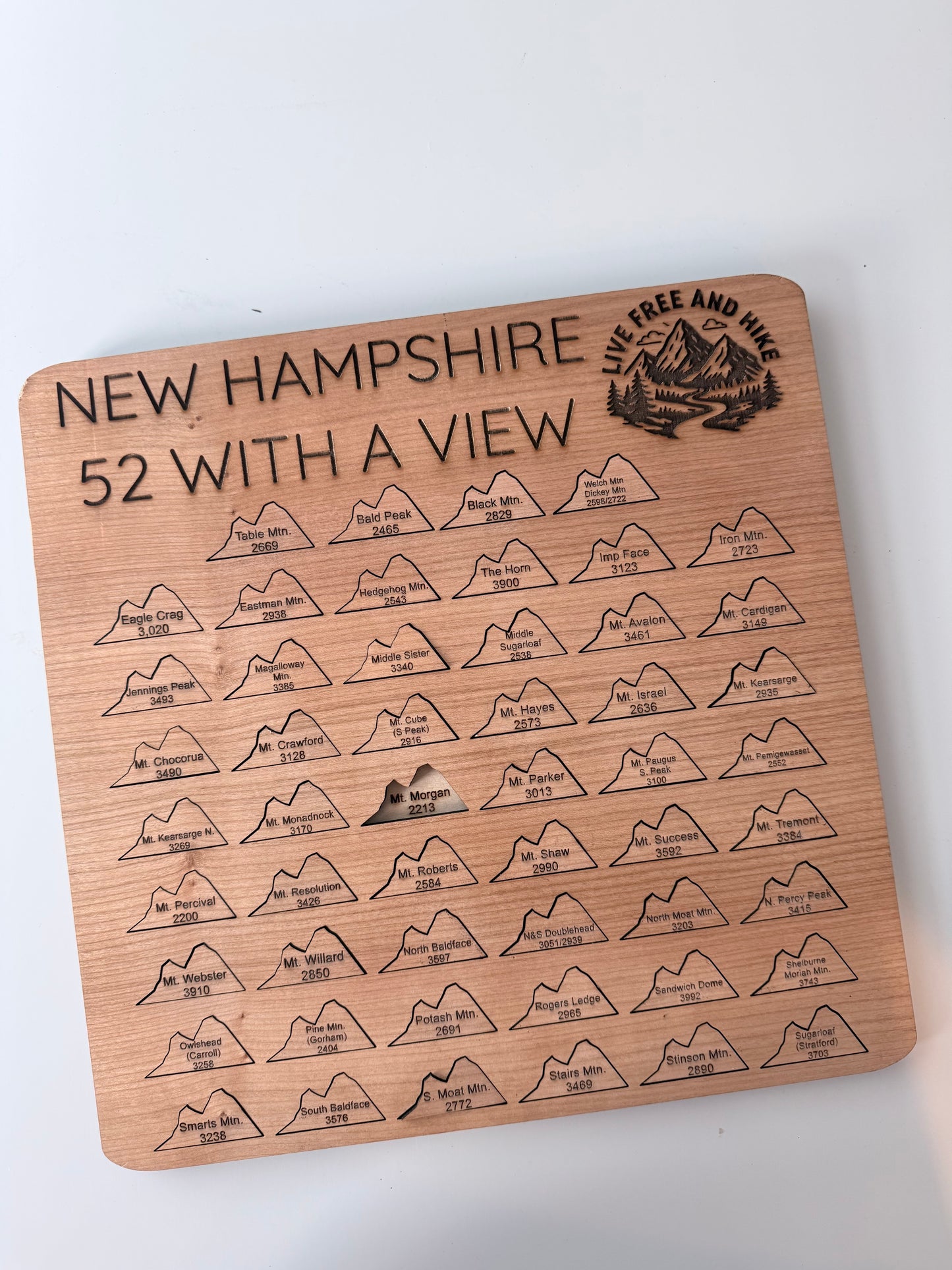 52 With a View Hiking Tracker – Interactive NH Mountain Checklist | Wooden 12x12 Hiker Gift | Add-A-Peak Adventure Board | Live Free and Hike