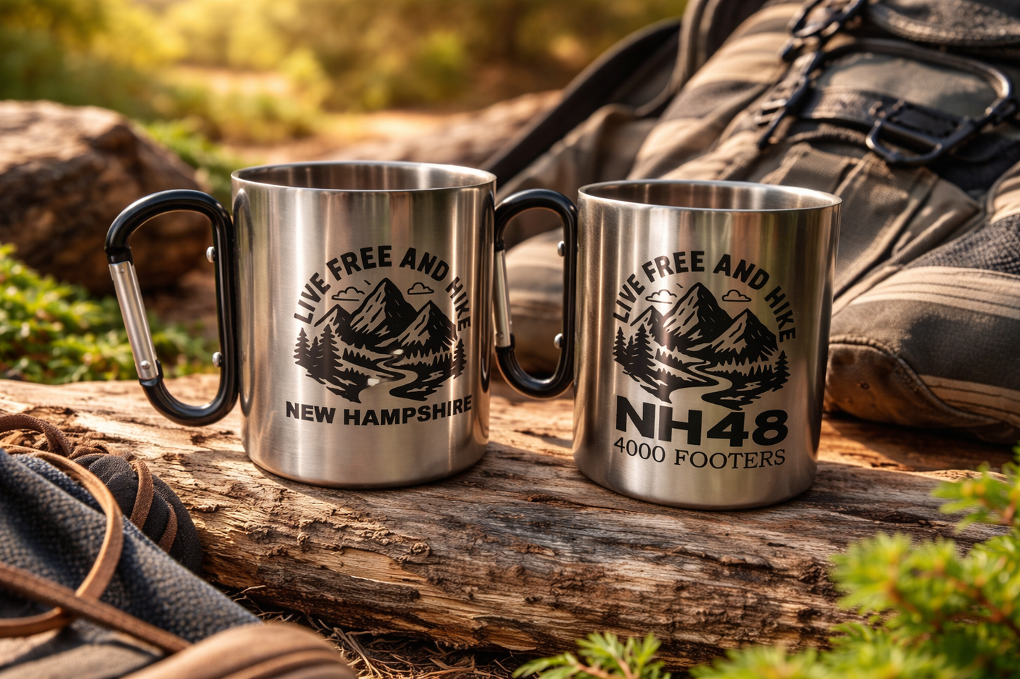 NH 48 Hiking Mug 10oz Stainless Steel Carabiner Cup – Live Free and Hike New Hampshire 4000 Footer Gift – Camping Backpacking Coffee Mug