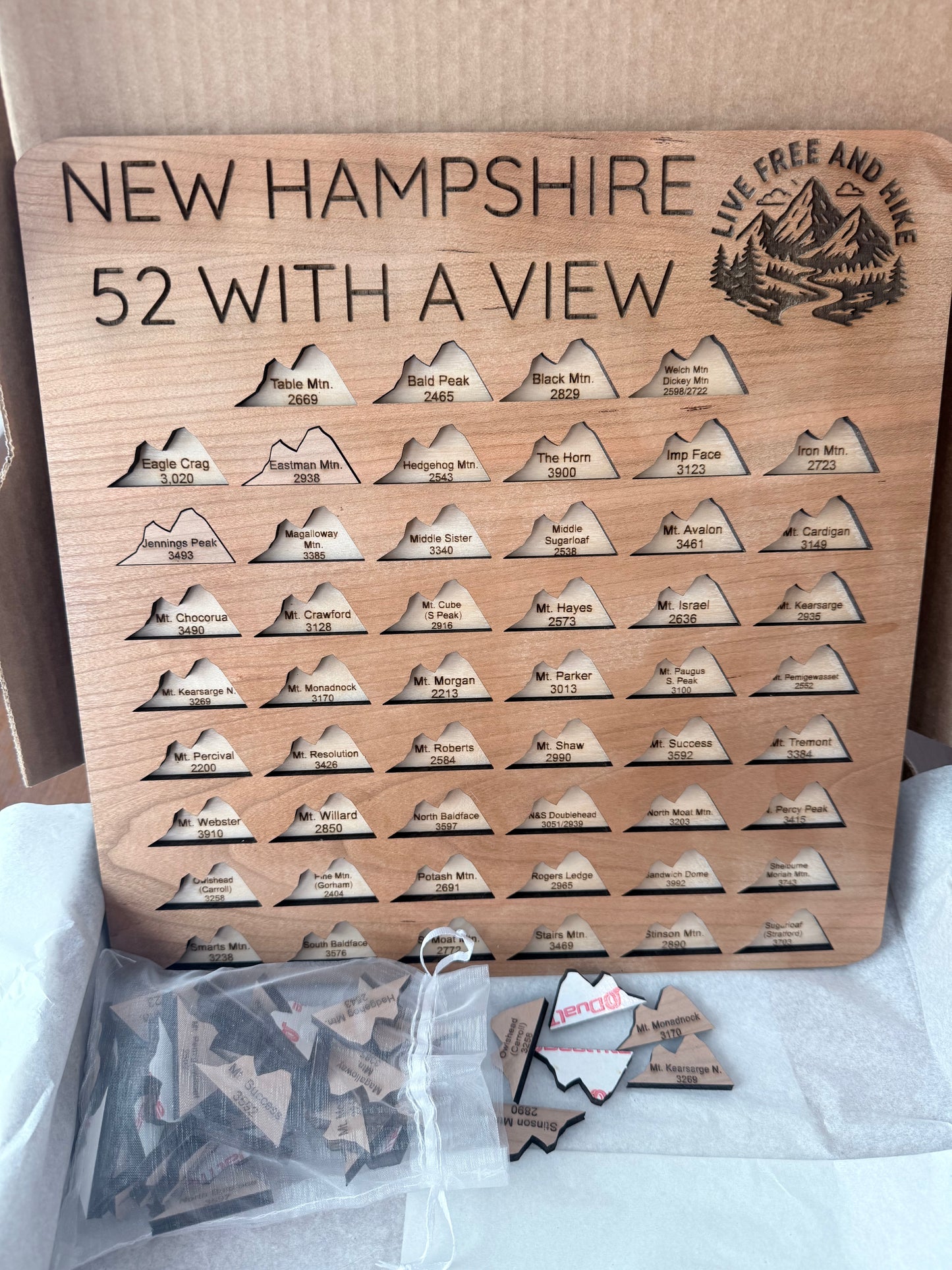 52 With a View Hiking Tracker – Interactive NH Mountain Checklist | Wooden 12x12 Hiker Gift | Add-A-Peak Adventure Board | Live Free and Hike