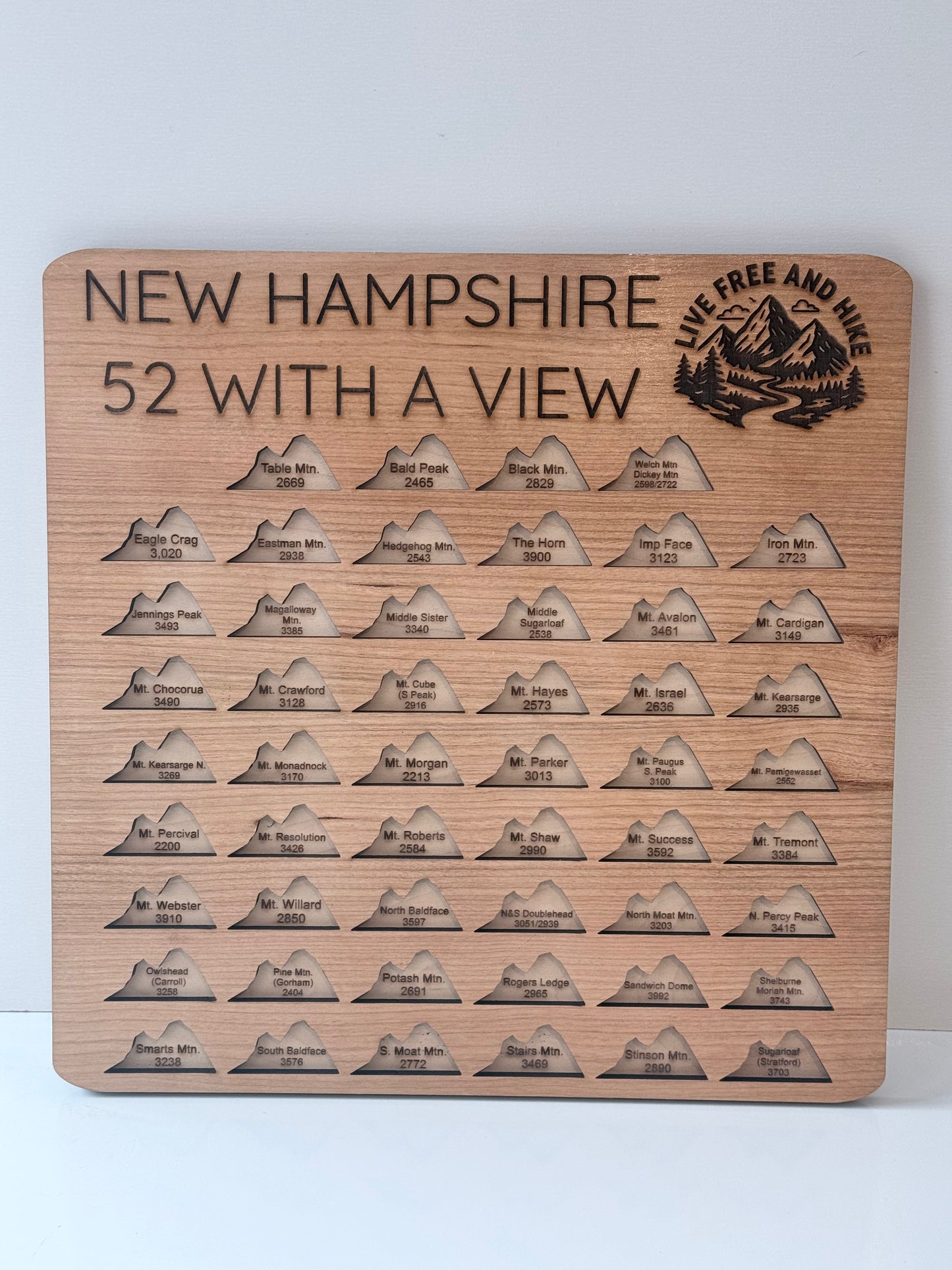 52 With a View Hiking Tracker – Interactive NH Mountain Checklist | Wooden 12x12 Hiker Gift | Add-A-Peak Adventure Board | Live Free and Hike