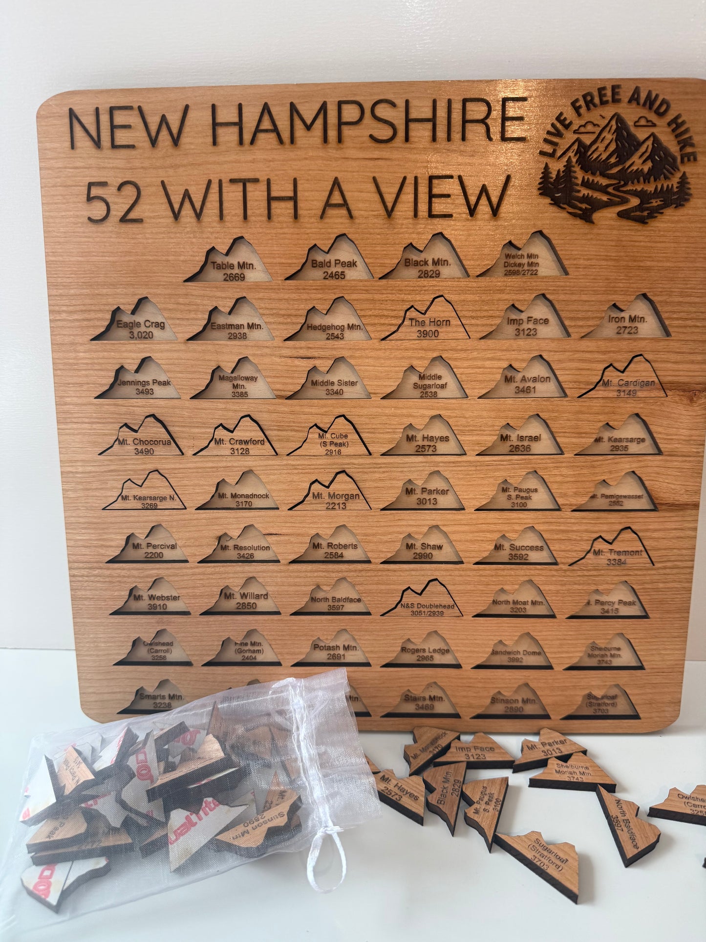52 With a View Hiking Tracker – Interactive NH Mountain Checklist | Wooden 12x12 Hiker Gift | Add-A-Peak Adventure Board | Live Free and Hike